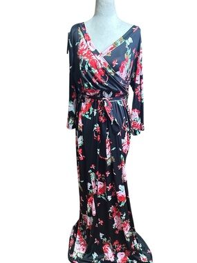 Black Floral Wrap Maxi Dress - Elegant V-Neck